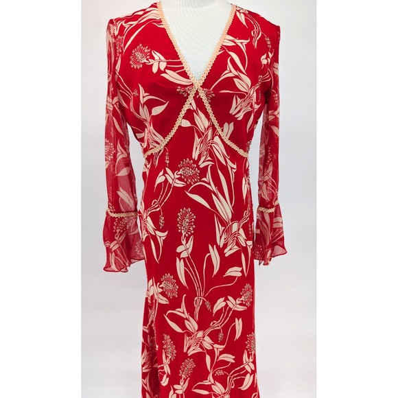 VTG 90s Y2K Red Silk Babydoll Boho Whimsigoth Beaded Bias Cut Chiffon Midi Dress - Picture 6 of 15